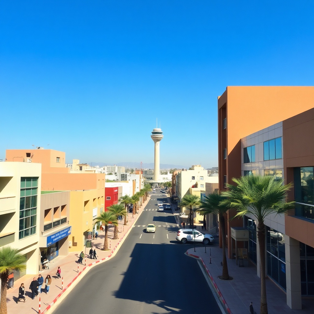 Vue du centre-ville de Laayoune avec l'aéroport en arrière-plan, illustrant la proximité entre l'aéroport Laayoune centre-ville et les principales artères de la ville