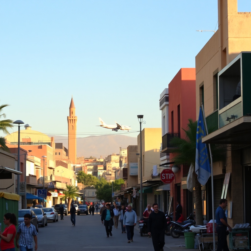 Aéroport de Laâyoune centre-ville proximity: a city street with a glimpse of the airport in the background, showing the short travel distance.