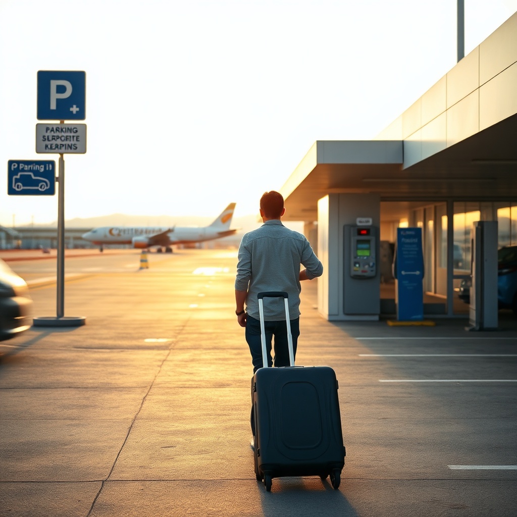 Voyageur tirant une valise traversant le parking aéroport Laayoune pour rejoindre le terminal, avec des panneaux de signalisation et une borne de paiement visibles, ambiance chaleureuse au coucher du soleil.
