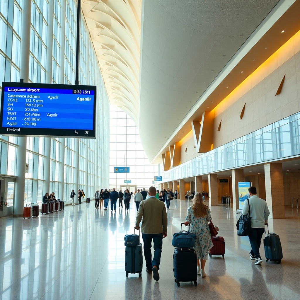 Intérieur de l'aérogare de l'aéroport de Laayoune, avec des passagers et des vols affichés au tableau, montrant l'infrastructure moderne pour les voyageurs.