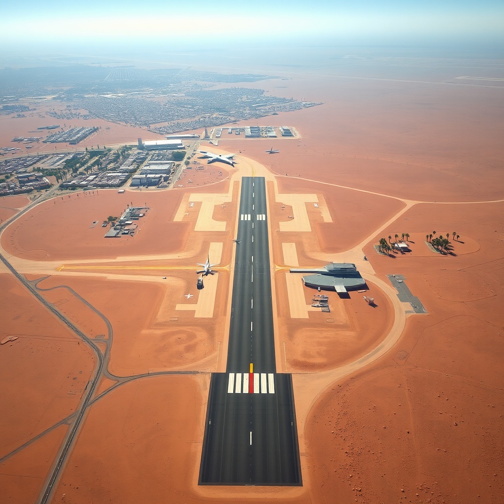 Vue aérienne de l'aéroport de Laâyoune et de ses infrastructures au cœur du Sahara marocain, avec la ville de Laâyoune en arrière-plan