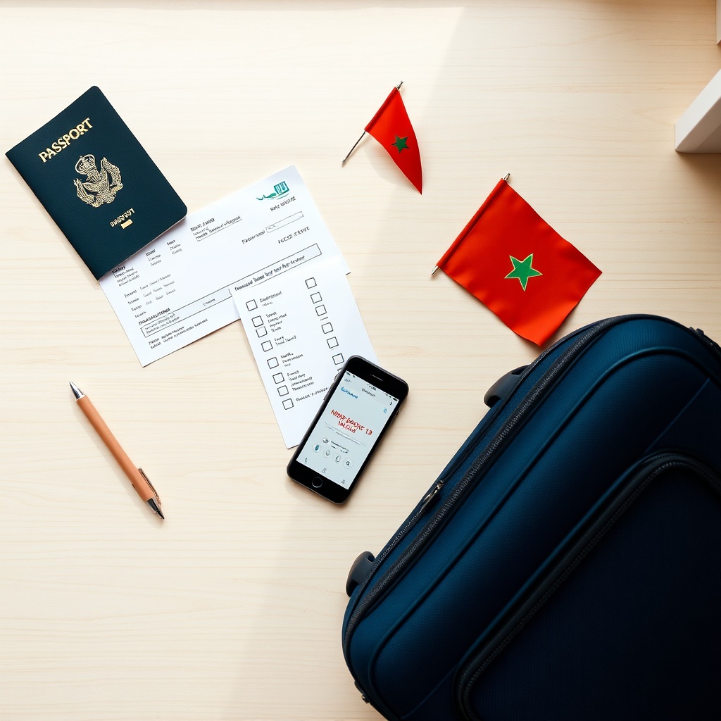 Checklist aéroport Laâyoune avec passeport, carte d'embarquement et bagage à main préparés sur un bureau, organisation de voyage sans stress.