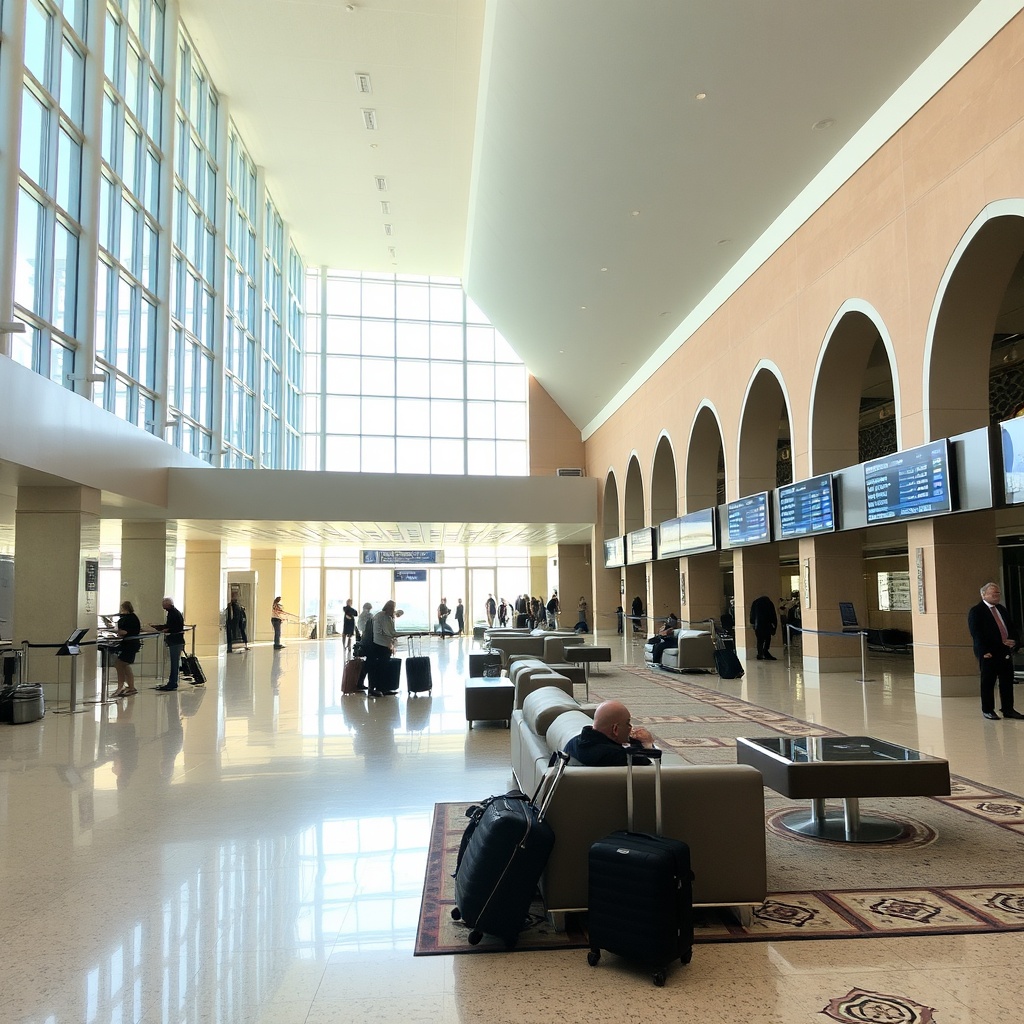 Interior of aéroport Hassan I Laâyoune departure hall with travelers, check-in counters, and Moroccan architectural details, bathed in natural light